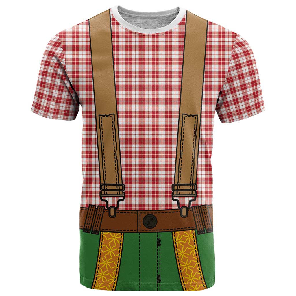 Bavarian Lederhosen Costume Style T-Shirt Red Caro Pattern Graphic Tee