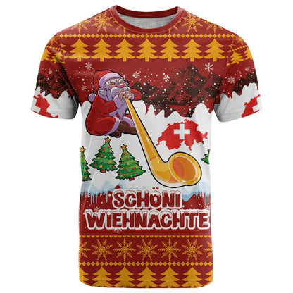 Swiss Santa Plays The Alphorn Christmas T-Shirt The Matterhorn with Christmas Elements Graphic Tee