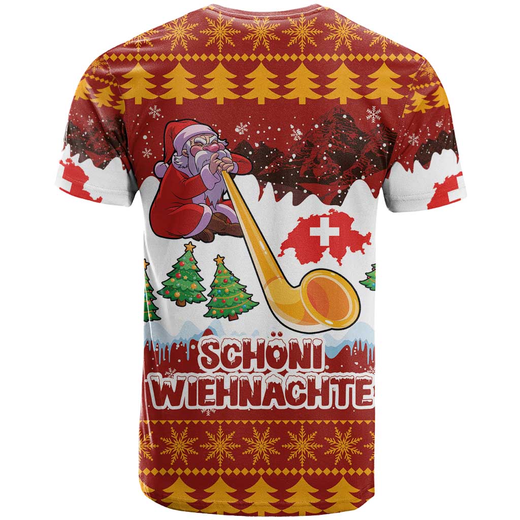 Swiss Santa Plays The Alphorn Christmas T-Shirt The Matterhorn with Christmas Elements Graphic Tee