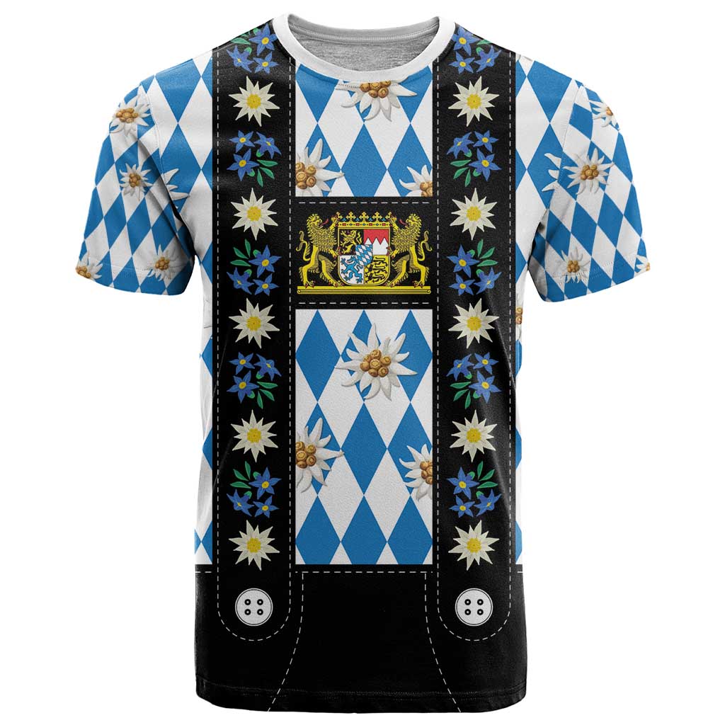 Bavaria Traditional Lederhosen Costume T-Shirt Bavaria Emblem - Blue Plaid Pattern with Edelweiss Flowers Graphic Tee