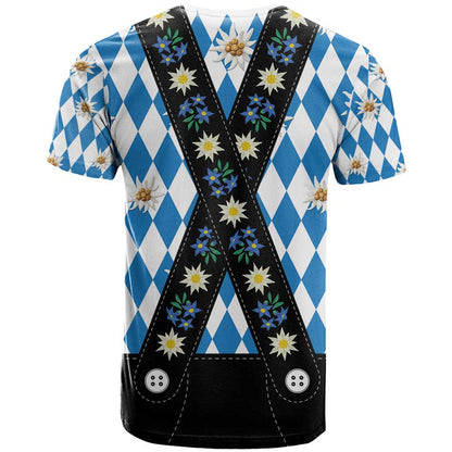 Bavaria Traditional Lederhosen Costume T-Shirt Bavaria Emblem - Blue Plaid Pattern with Edelweiss Flowers Graphic Tee