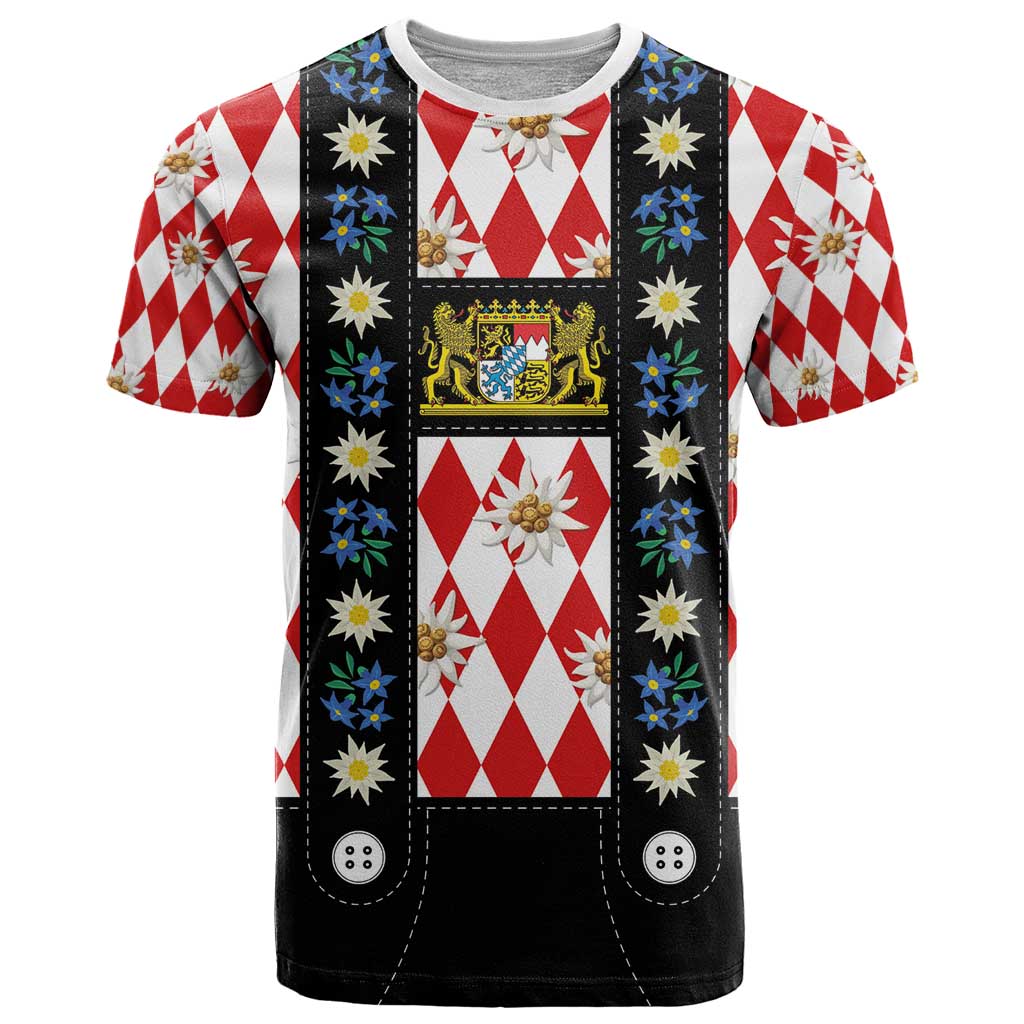 Bavaria Traditional Lederhosen Costume T-Shirt Bavaria Emblem - Red Plaid Pattern with Edelweiss Flowers Graphic Tee