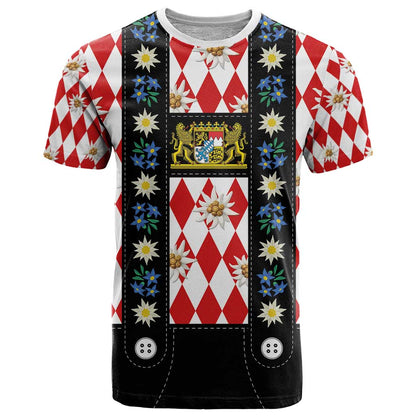 Bavaria Traditional Lederhosen Costume T-Shirt Bavaria Emblem - Red Plaid Pattern with Edelweiss Flowers Graphic Tee