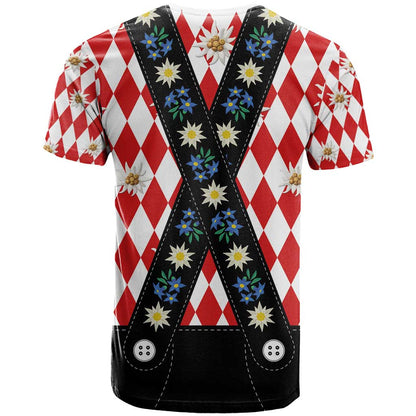 Bavaria Traditional Lederhosen Costume T-Shirt Bavaria Emblem - Red Plaid Pattern with Edelweiss Flowers Graphic Tee