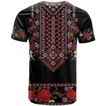 Traditional Romanian Costume - Costum Popular T-Shirt Traditional Romanian Motif and Folk Floral Embroidery Style Graphic Tee
