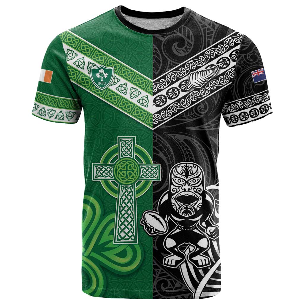 New Zealand And Ireland Rugby Custom T-Shirt Maori Tiki With Shamrock Graphic Tee