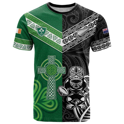 New Zealand And Ireland Rugby Custom T-Shirt Maori Tiki With Shamrock Graphic Tee