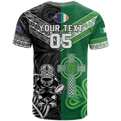 New Zealand And Ireland Rugby Custom T-Shirt Maori Tiki With Shamrock Graphic Tee