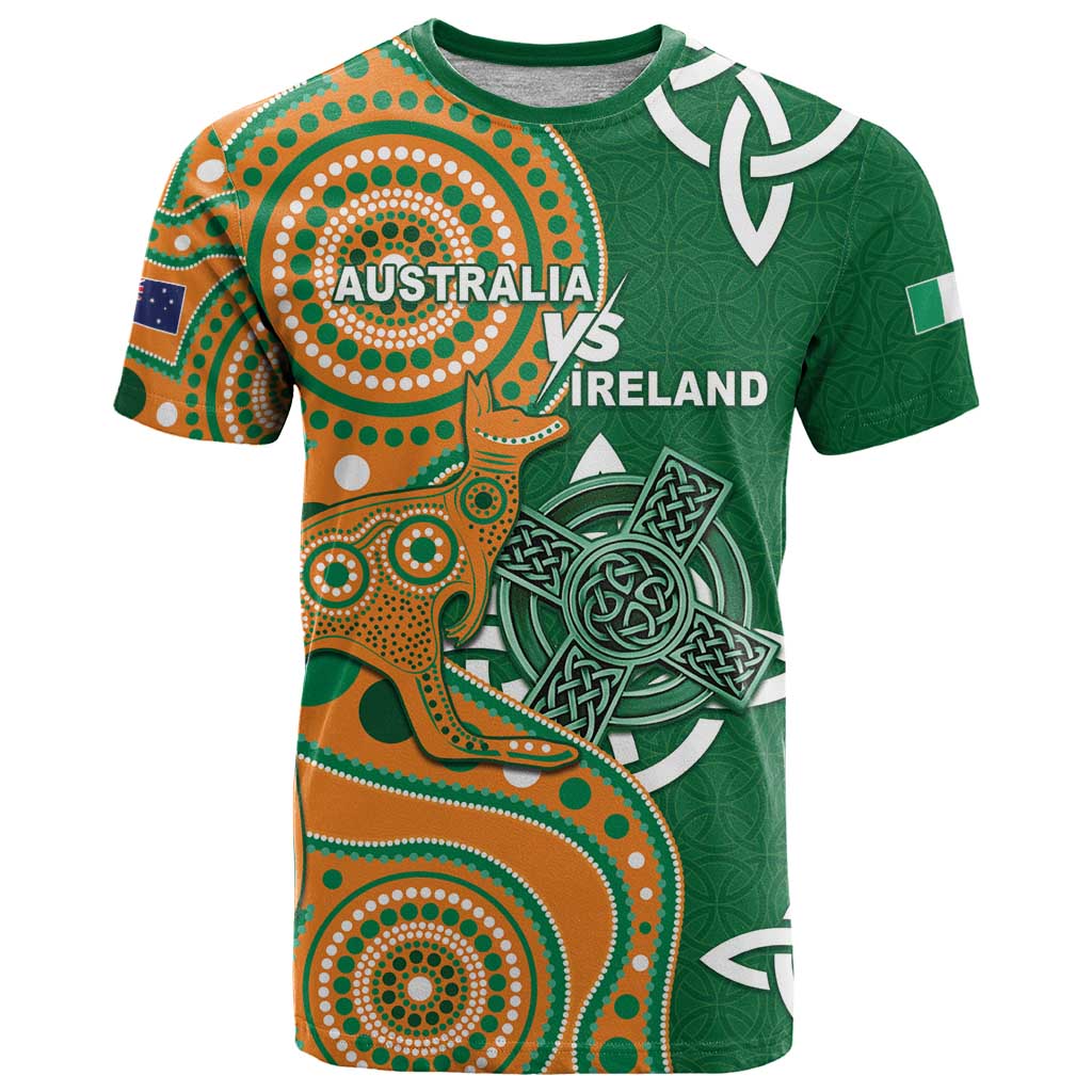 Australia And Ireland Rugby Custom T-Shirt Walllabies And Shamrock Together Graphic Tee