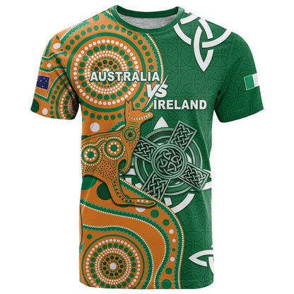 Australia And Ireland Rugby Custom T-Shirt Walllabies And Shamrock Together Graphic Tee