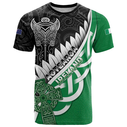 New Zealand And Ireland Rugby Custom T-Shirt Silver Fern With Celtic Cross Graphic Tee