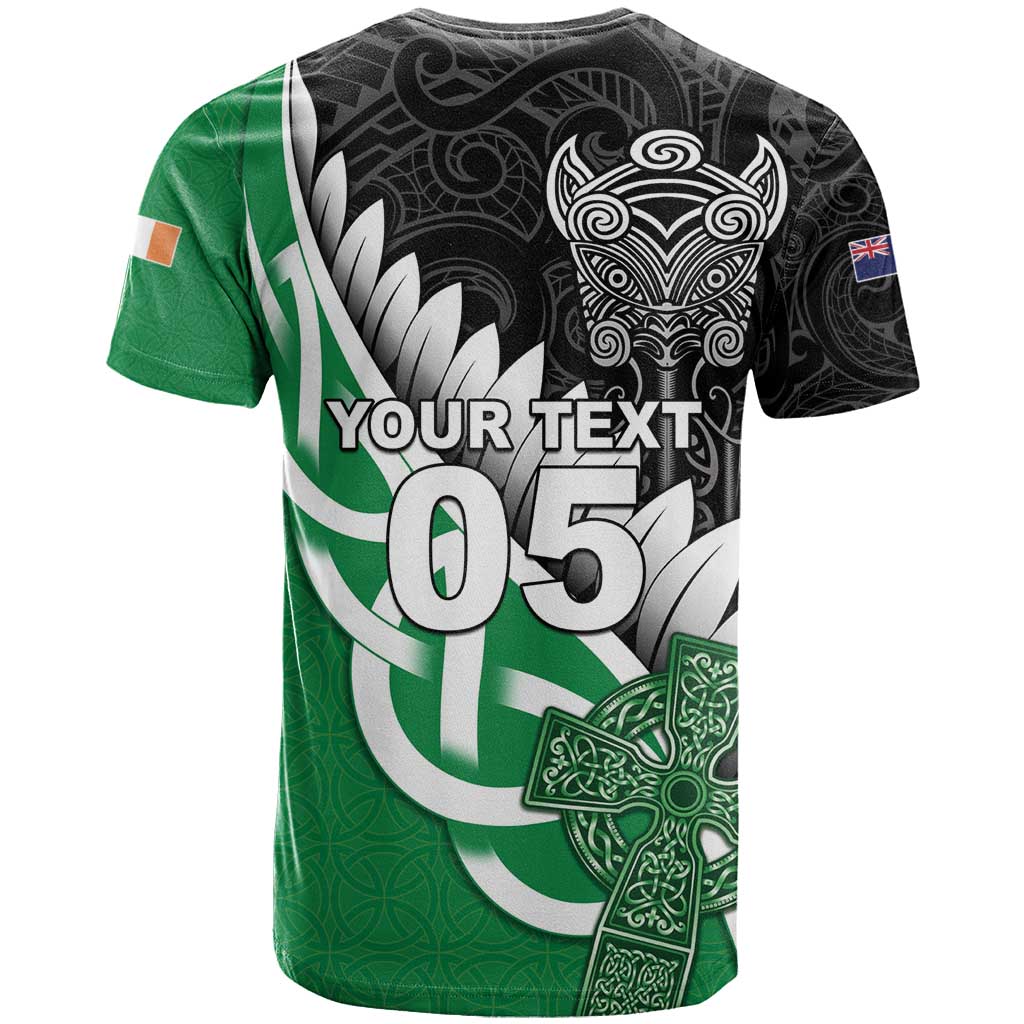 New Zealand And Ireland Rugby Custom T-Shirt Silver Fern With Celtic Cross Graphic Tee