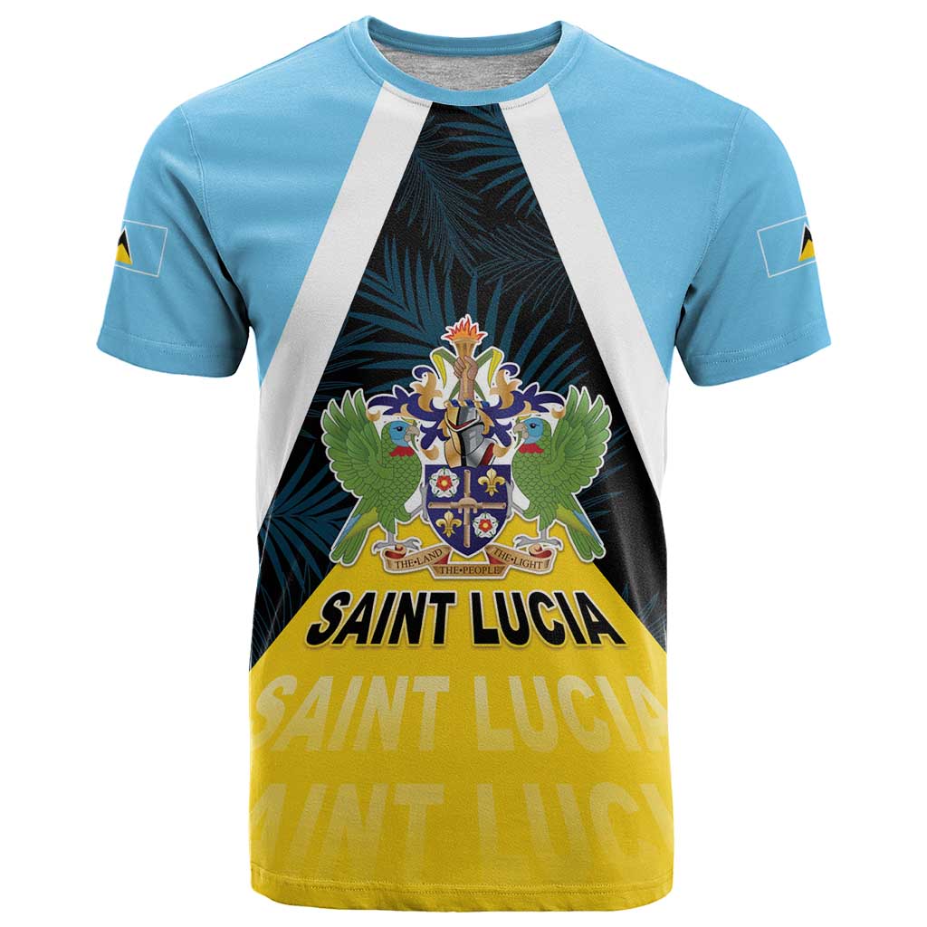 Personalised Saint Lucia T-Shirt Coat Of Arms With Palm Leaf Pattern Graphic Tee