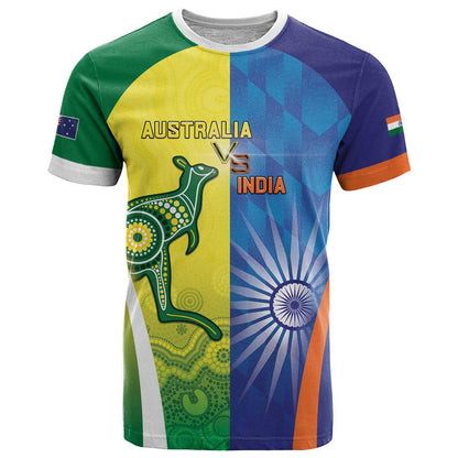 Custom Australia And India Cricket T-Shirt Ashoka Chakra With Aboriginal Graphic Tee