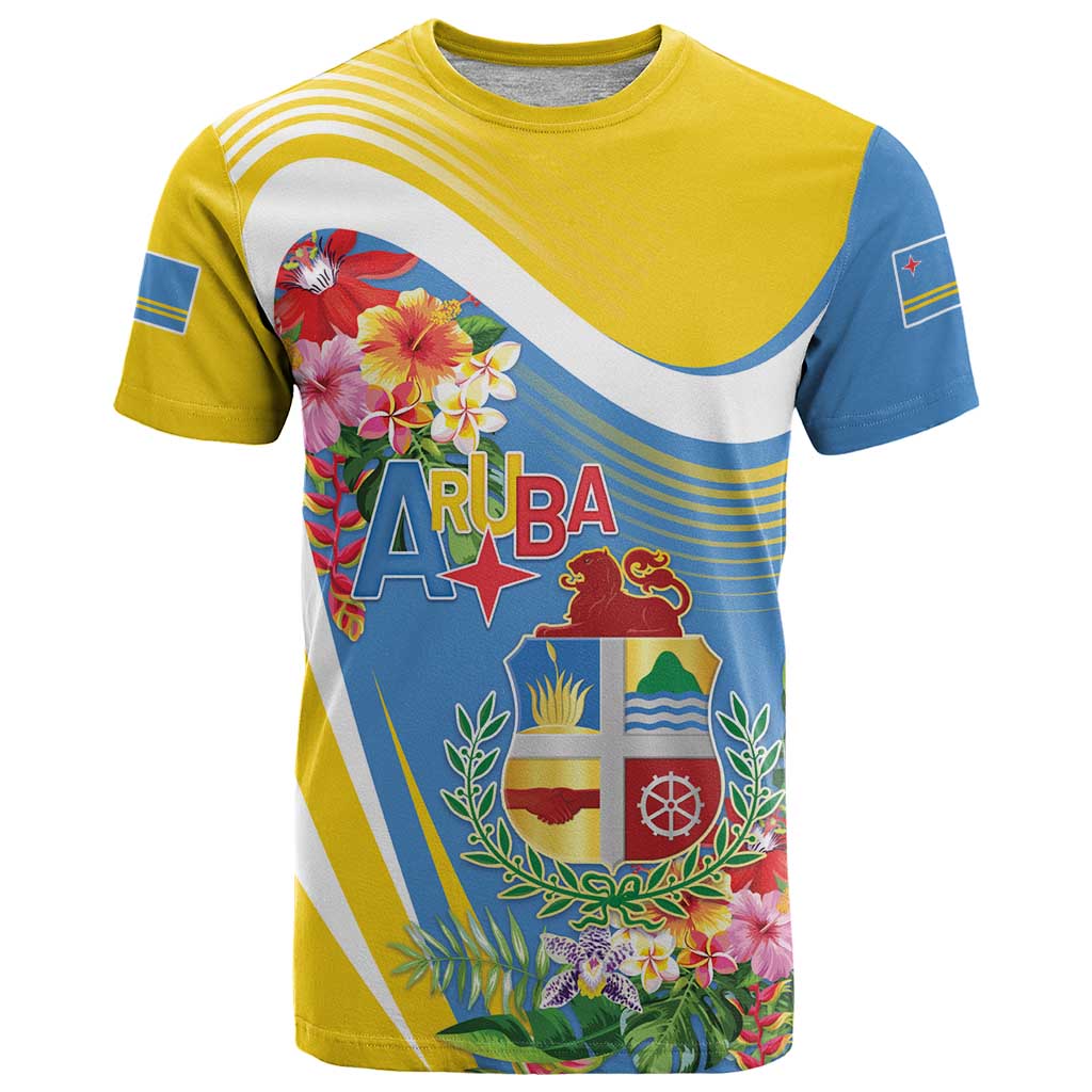Aruba T-Shirt Coat Of Arms With Tropical Flowers Graphic Tee