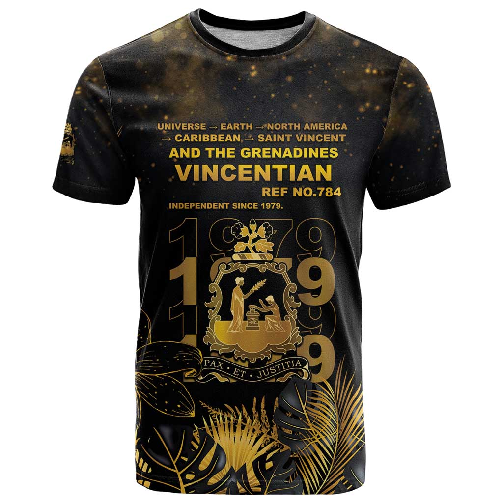 Saint Vincent And The Grenadines 1979 T-Shirt Gold Tropical Leaves And Coat Of Arms Graphic Tee