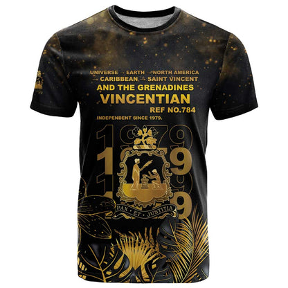Saint Vincent And The Grenadines 1979 T-Shirt Gold Tropical Leaves And Coat Of Arms Graphic Tee