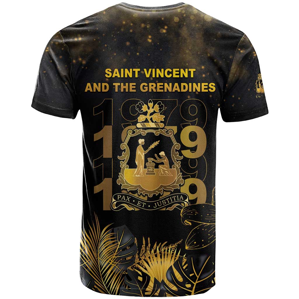 Saint Vincent And The Grenadines 1979 T-Shirt Gold Tropical Leaves And Coat Of Arms Graphic Tee