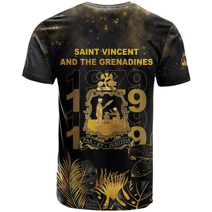 Saint Vincent And The Grenadines 1979 T-Shirt Gold Tropical Leaves And Coat Of Arms Graphic Tee