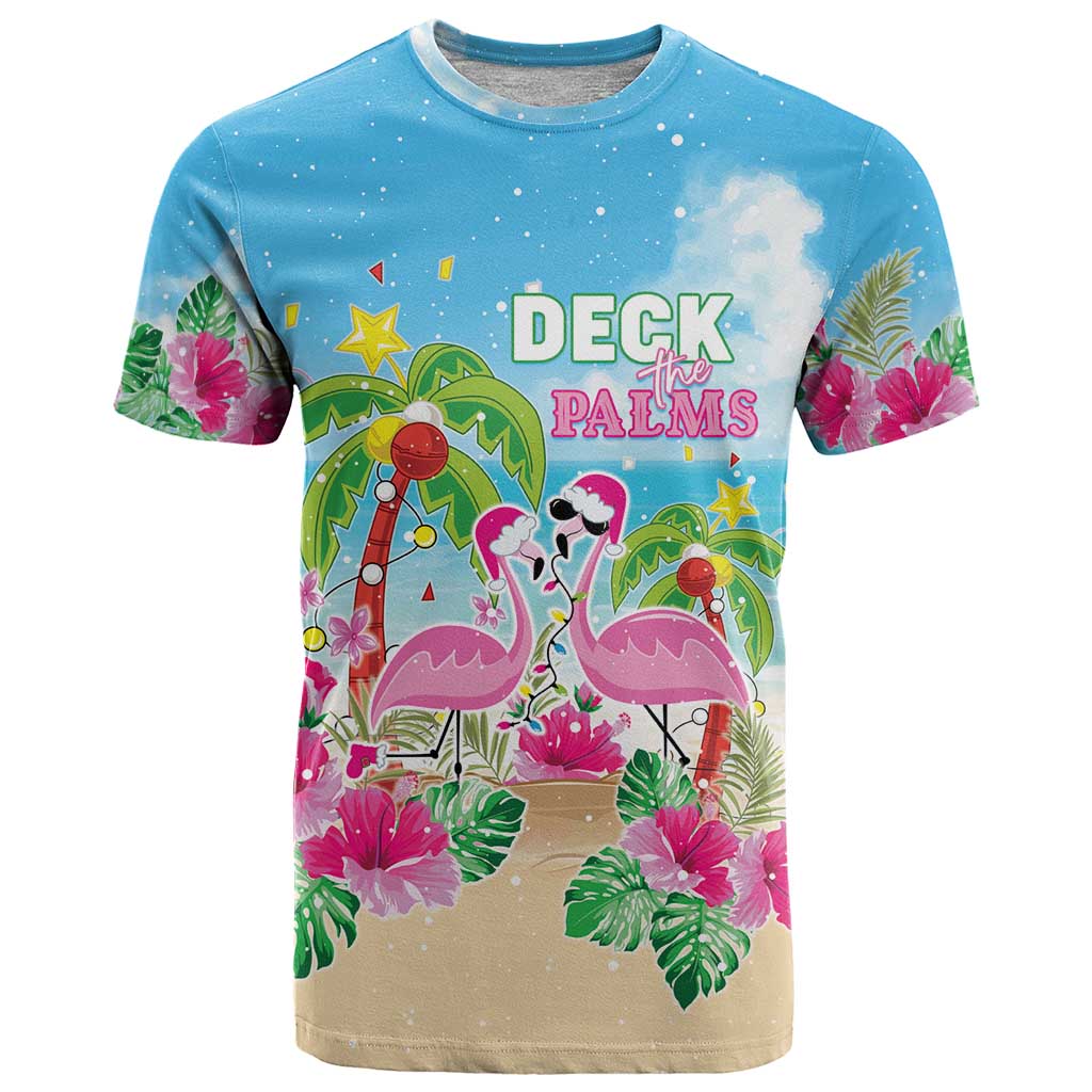 Hawaii Christmas T-Shirt Deck The Palms Holiday Flamingos Graphic Tee