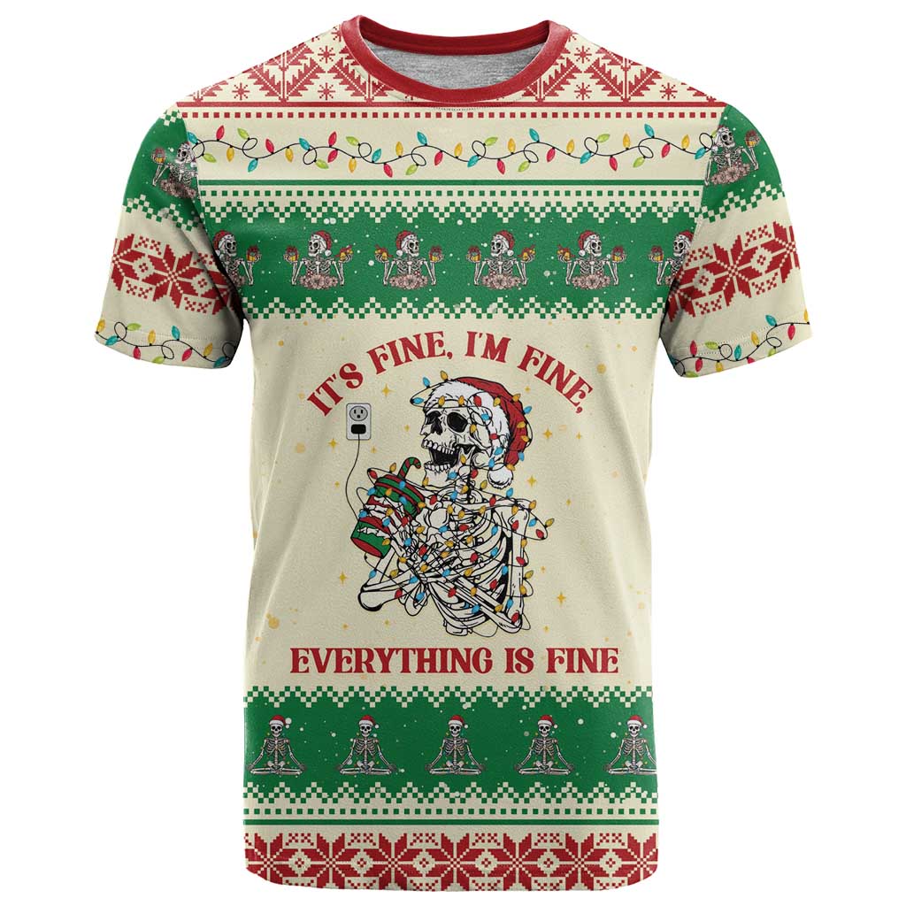 Funny Skeleton Christmas T-Shirt It's Fine I'm Fine Everything Is Fine Graphic Tee