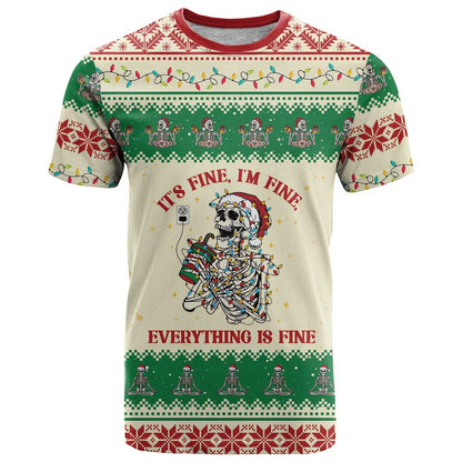 Funny Skeleton Christmas T-Shirt It's Fine I'm Fine Everything Is Fine Graphic Tee
