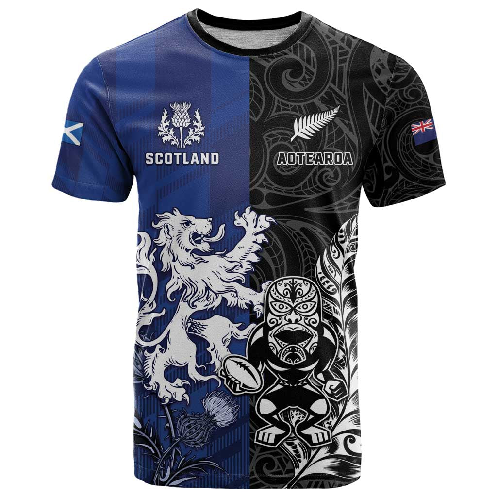 New Zealand And Scotland Rugby Custom T-Shirt Maori Tiki With Thistle Together Graphic Tee