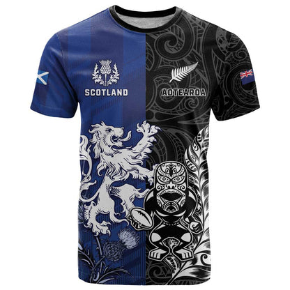 New Zealand And Scotland Rugby Custom T-Shirt Maori Tiki With Thistle Together Graphic Tee