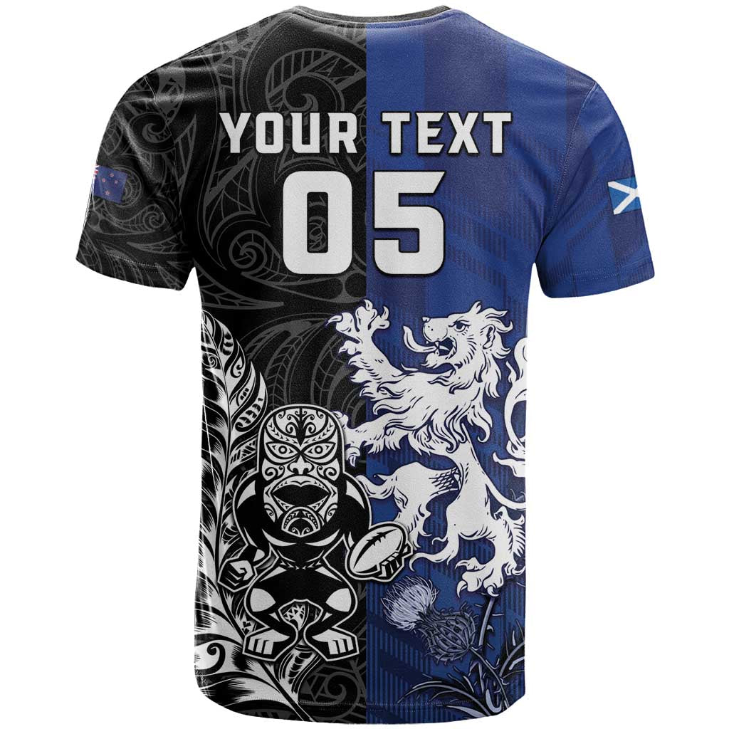 New Zealand And Scotland Rugby Custom T-Shirt Maori Tiki With Thistle Together Graphic Tee
