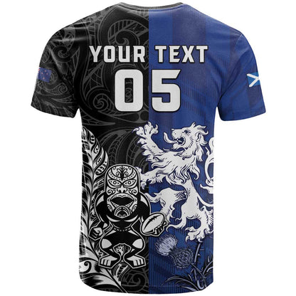 New Zealand And Scotland Rugby Custom T-Shirt Maori Tiki With Thistle Together Graphic Tee