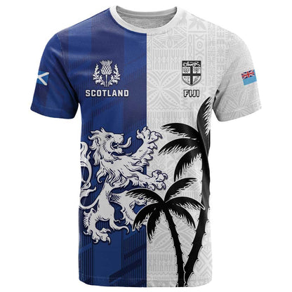 Fiji And Scotland Rugby Custom T-Shirt Fijian Palm Tree With Thistle Together Graphic Tee