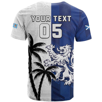 Fiji And Scotland Rugby Custom T-Shirt Fijian Palm Tree With Thistle Together Graphic Tee