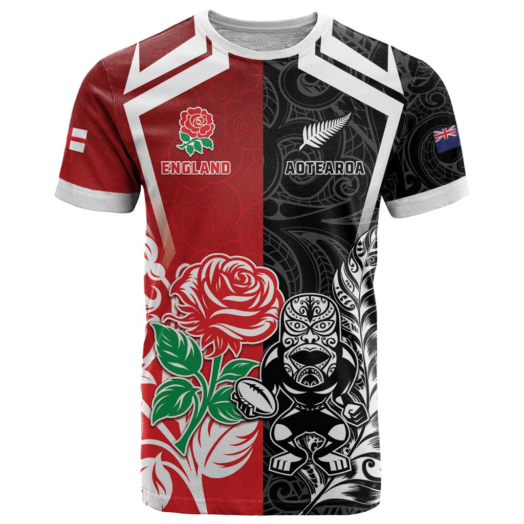 New Zealand And England Rugby Custom T-Shirt Maori Tiki With Red Rose Together Graphic Tee
