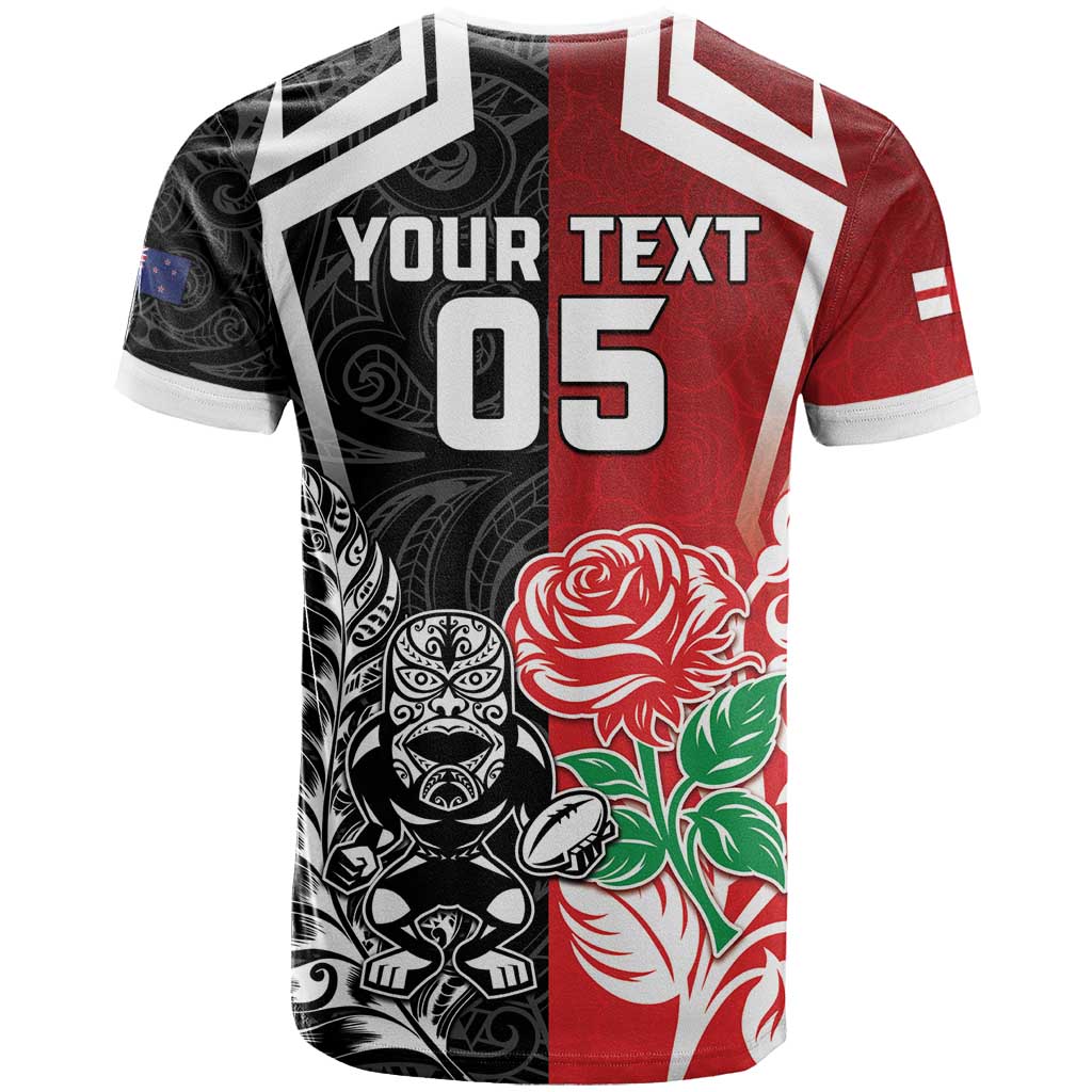 New Zealand And England Rugby Custom T-Shirt Maori Tiki With Red Rose Together Graphic Tee