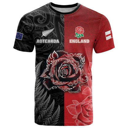 New Zealand And England Rugby Custom T-Shirt Red Rose Mix Maori Pattern Graphic Tee