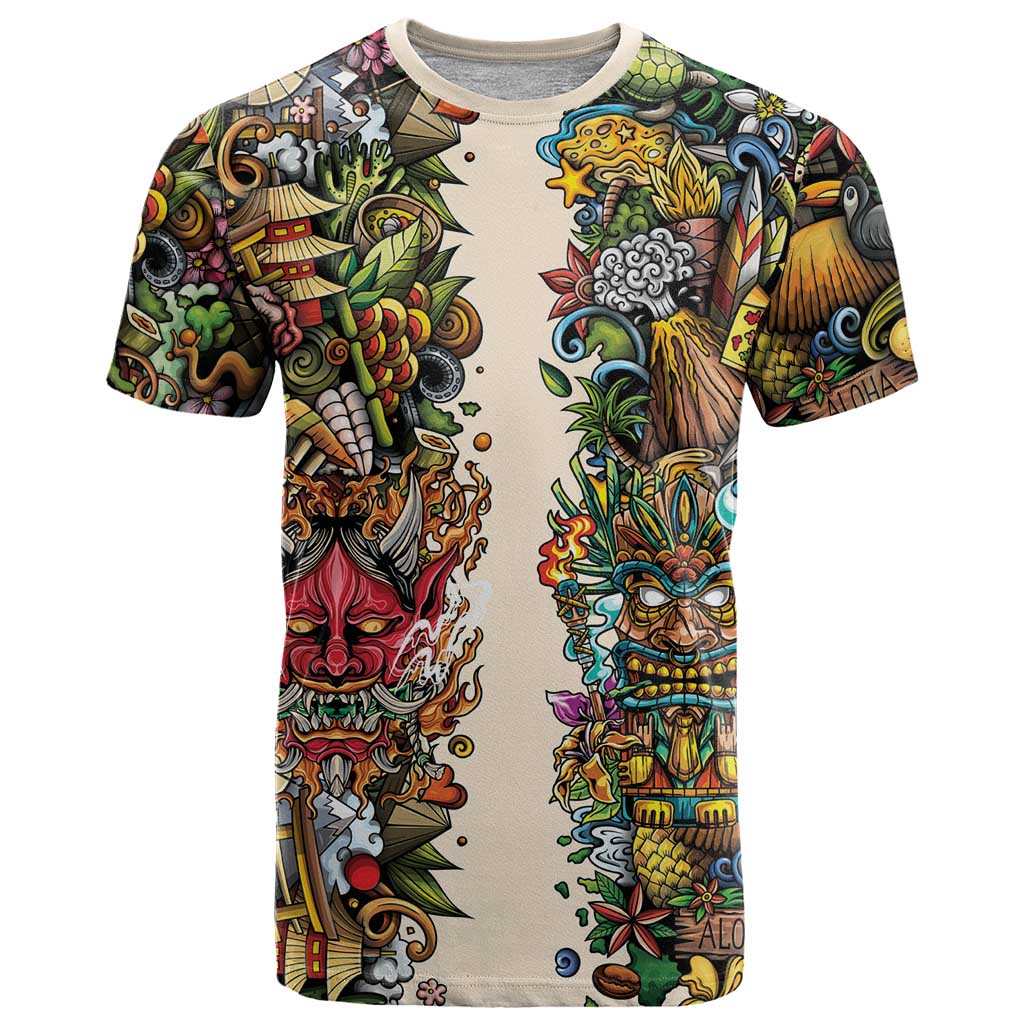 Hawaii And Japan T-Shirt Tiki With Oni Mask Graphic Tee