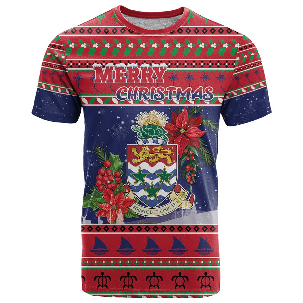 Cayman Islands Christmas T-Shirt Coat Of Arms With Poinsettia Graphic Tee
