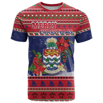 Cayman Islands Christmas T-Shirt Coat Of Arms With Poinsettia Graphic Tee