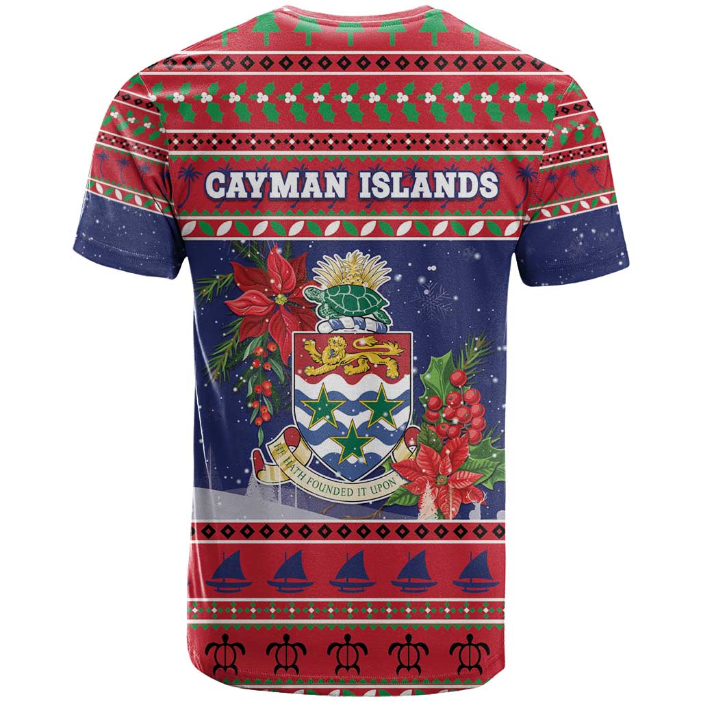 Cayman Islands Christmas T-Shirt Coat Of Arms With Poinsettia Graphic Tee