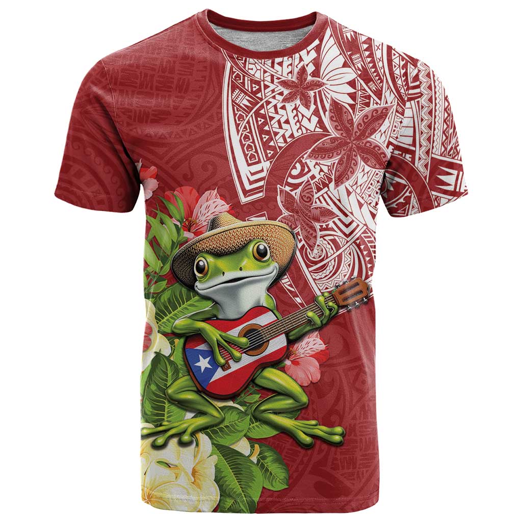 Puerto Rico Coqui Frog T-Shirt Tropical Flowers Polynesian Style Graphic Tee