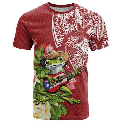 Puerto Rico Coqui Frog T-Shirt Tropical Flowers Polynesian Style Graphic Tee