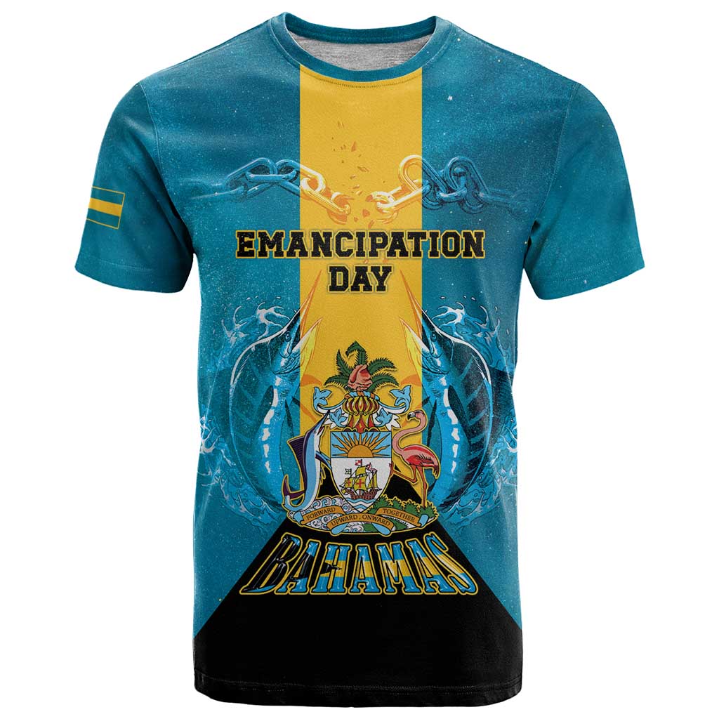 Personalized Bahamas Emancipation Day T-Shirt Blue Marlin With Coat Of Arms Graphic Tee