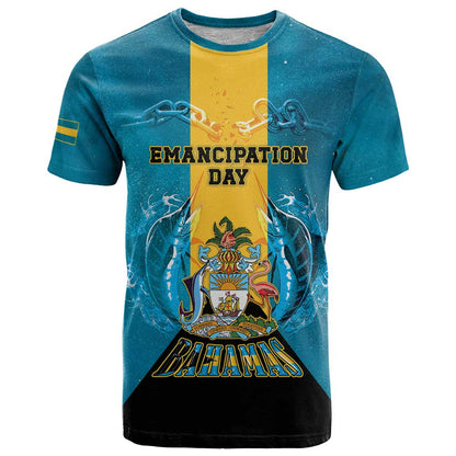Personalized Bahamas Emancipation Day T-Shirt Blue Marlin With Coat Of Arms Graphic Tee