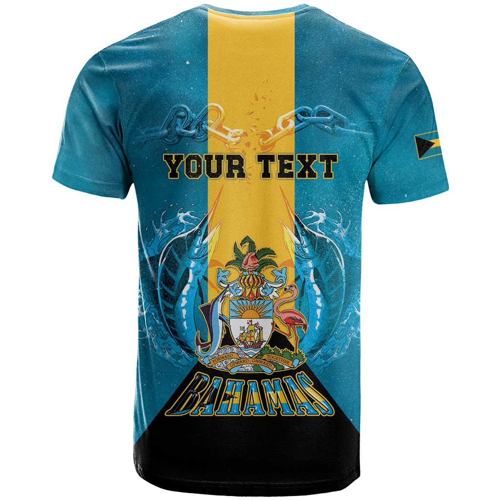 Personalized Bahamas Emancipation Day T-Shirt Blue Marlin With Coat Of Arms Graphic Tee