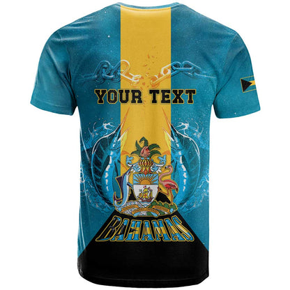 Personalized Bahamas Emancipation Day T-Shirt Blue Marlin With Coat Of Arms Graphic Tee