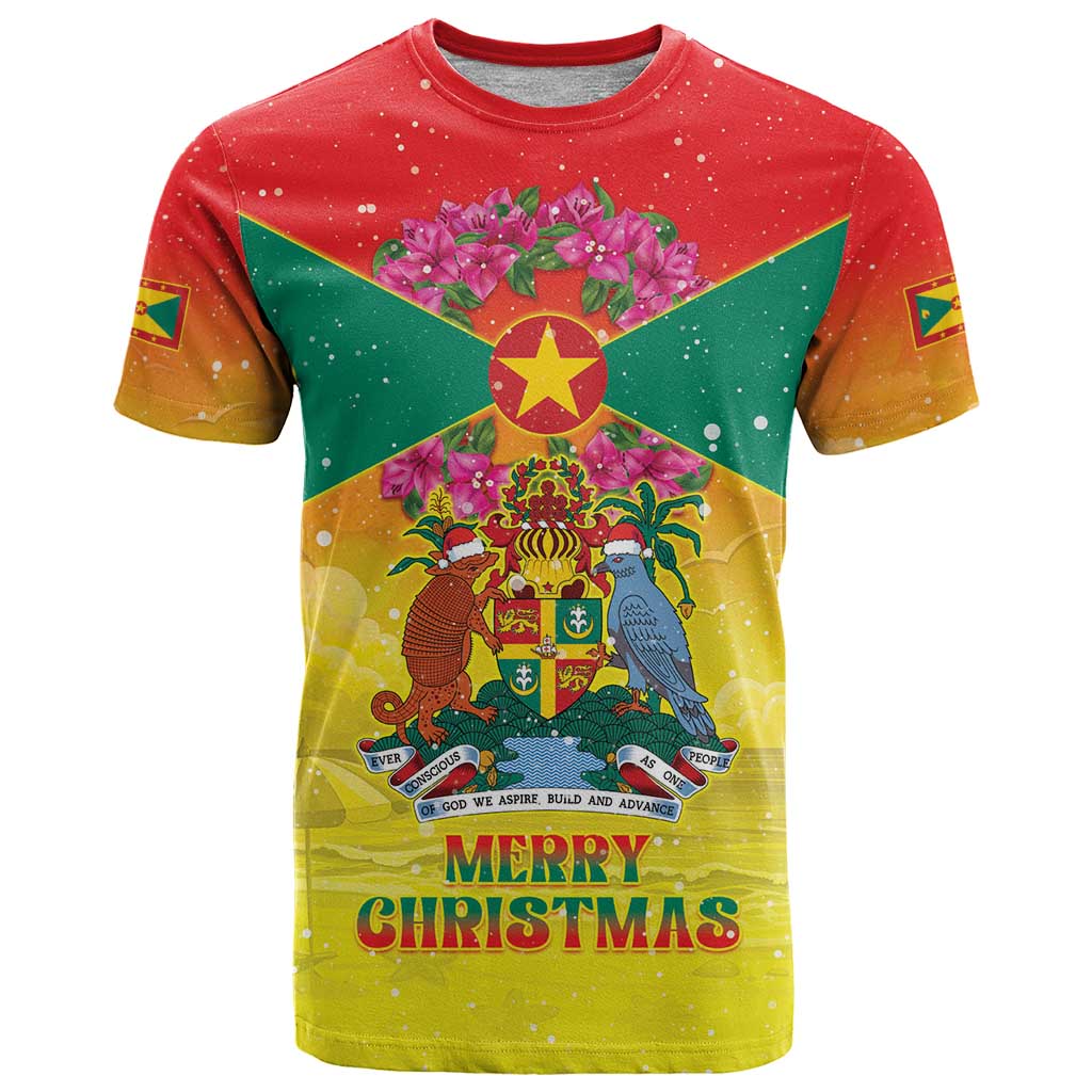 Personalized Grenada Christmas T-Shirt Coat Of Arms Bougainvillea Wreath Graphic Tee