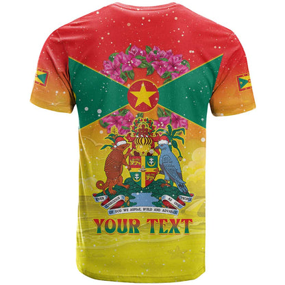Personalized Grenada Christmas T-Shirt Coat Of Arms Bougainvillea Wreath Graphic Tee