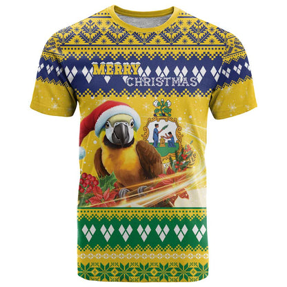 Saint Vincent And The Grenadines Christmas T-Shirt Santa Vincent Parrot With Coat Of Arms Graphic Tee