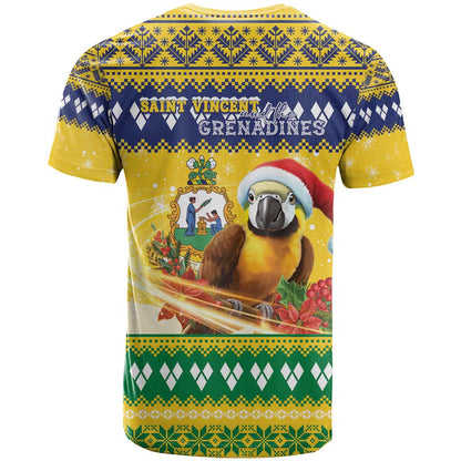 Saint Vincent And The Grenadines Christmas T-Shirt Santa Vincent Parrot With Coat Of Arms Graphic Tee