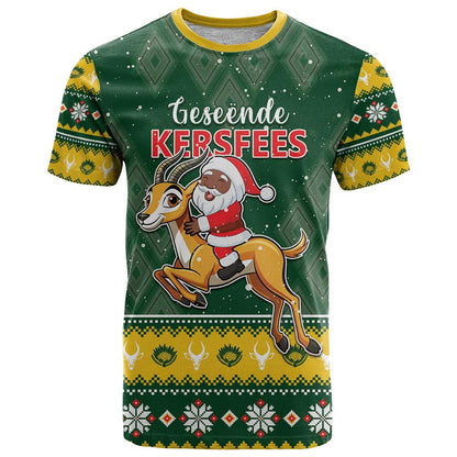 South Africa Christmas T-Shirt Funny Santa Riding Springbok Graphic Tee